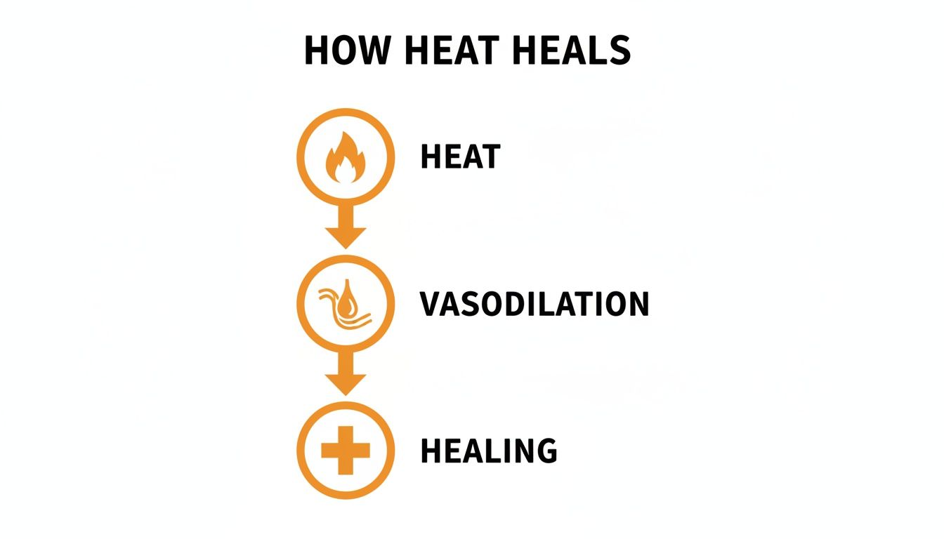A diagram illustrating how heat heals, showing a flow from heat to vasodilation, then to healing.