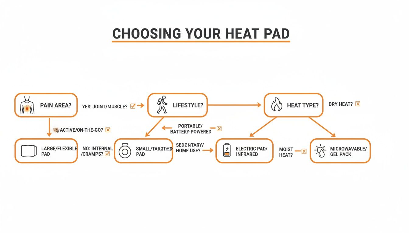 Flowchart guiding users on heat pad selection based on pain area, lifestyle, and heat type.