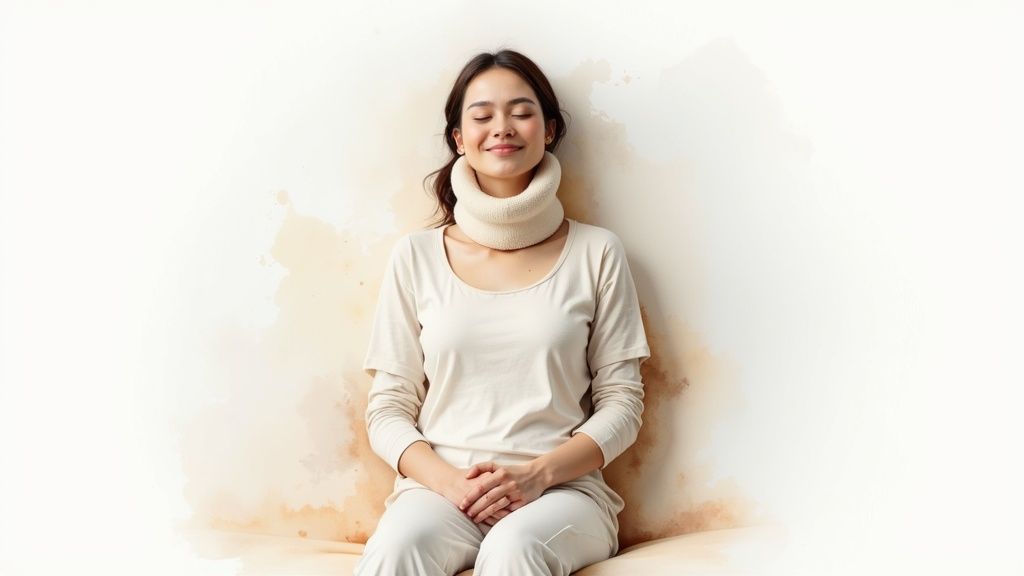 Young woman wearing a neck brace with closed eyes and a peaceful smile.