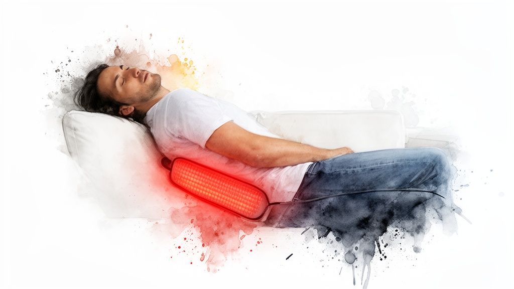 A man comfortably lies on a white couch using a bright red heating pad for back relief.