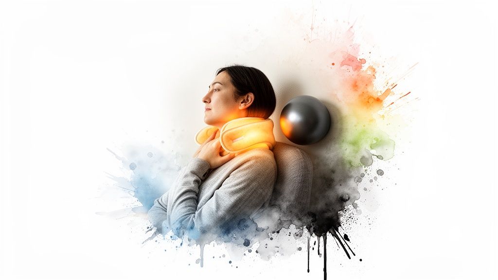 A woman uses a glowing neck massager or warmer for relaxation amidst colorful watercolor splashes.