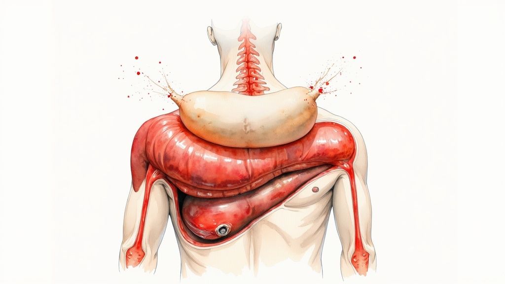 A scientific illustration showing how heat widens blood vessels, increasing blood flow to muscle tissue.