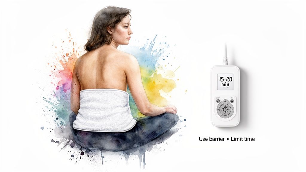 Woman with heating pad on lower back, meditating, next to a digital controller showing 15-20 min.