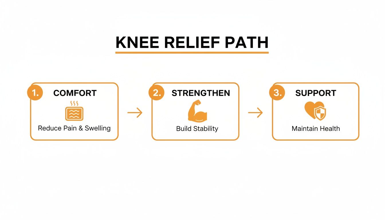 A three-step knee relief path diagram showing comfort, strengthen, and support stages with icons.