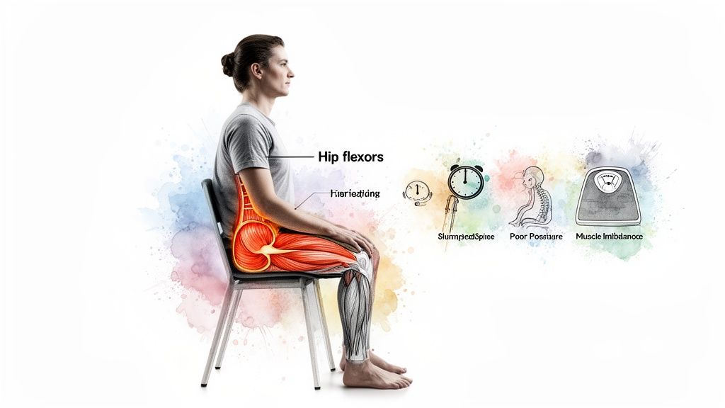 Illustration of a person sitting, highlighting hip flexors, poor posture, and muscle imbalance.