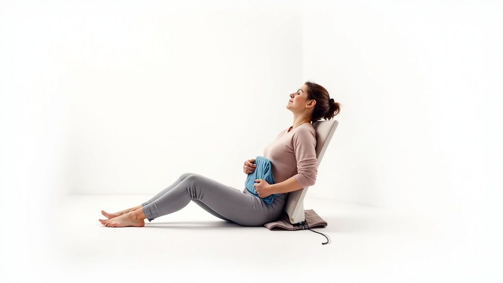 A person applying a heat pack to their lower back for pain relief.