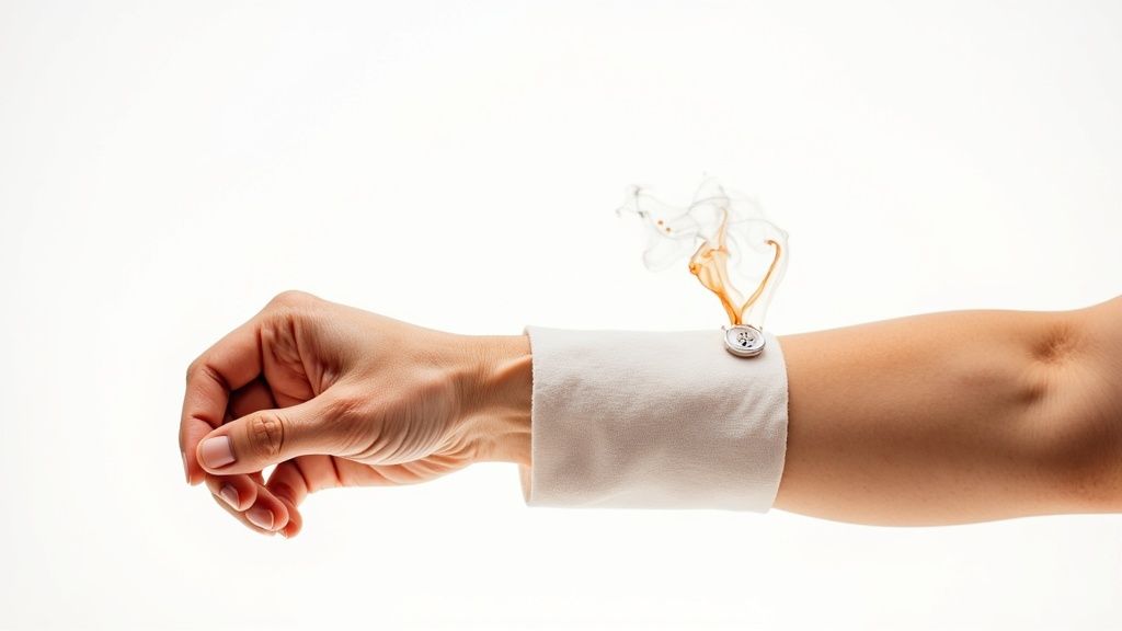 A person's arm, wrist, and hand with a white shirt cuff and a smoking cufflink.