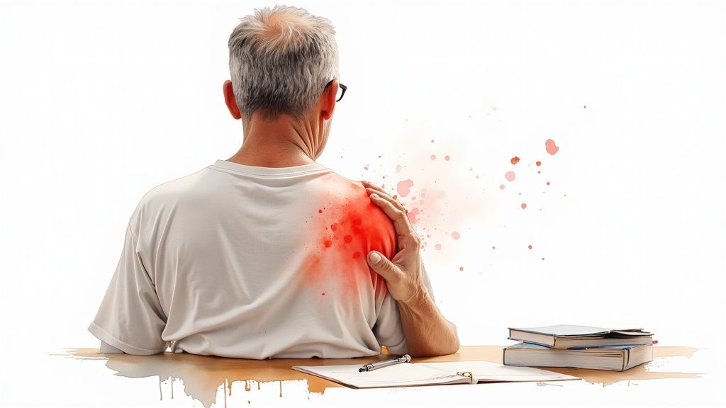 Person from behind touching a red, painful shoulder, sitting at a desk with books.