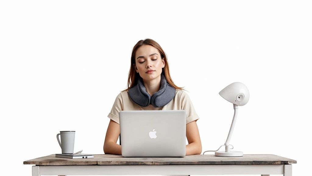 A person relaxing with a heating pad draped over their neck and shoulders, looking comfortable and relieved.