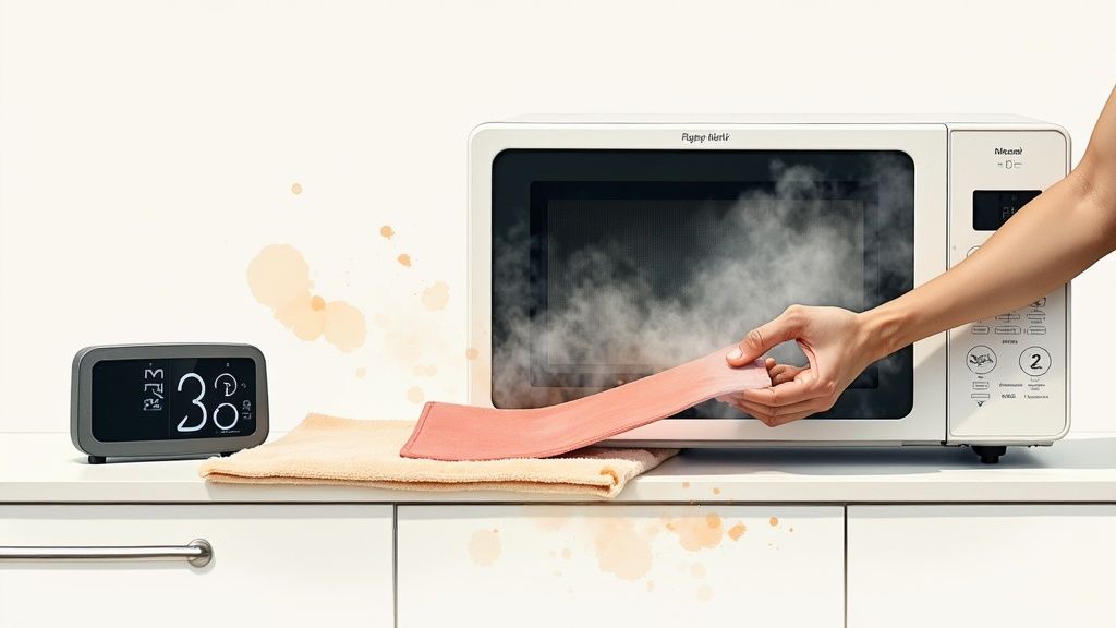 A hand carefully removes a steaming pink heating pad from a white microwave on a kitchen counter.