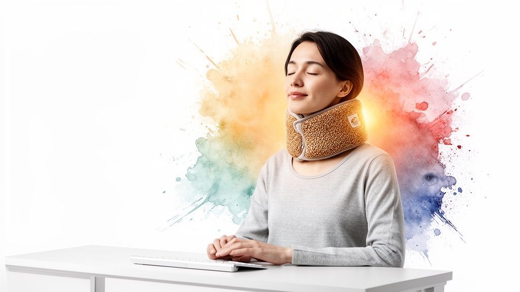 A relaxed woman wearing a cozy, heated neck warmer at a desk with colorful watercolor splashes.