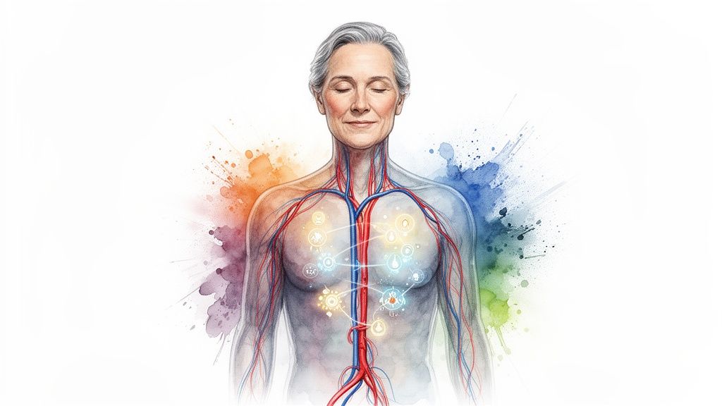 Watercolor illustration of a calm person with circulatory system and glowing wellness icons, surrounded by color.