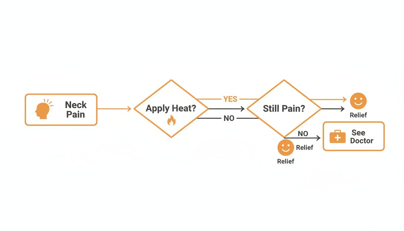 A flowchart detailing a decision process for neck pain relief, starting with neck pain, suggesting applying heat, and then checking for relief or recommending seeing a doctor.