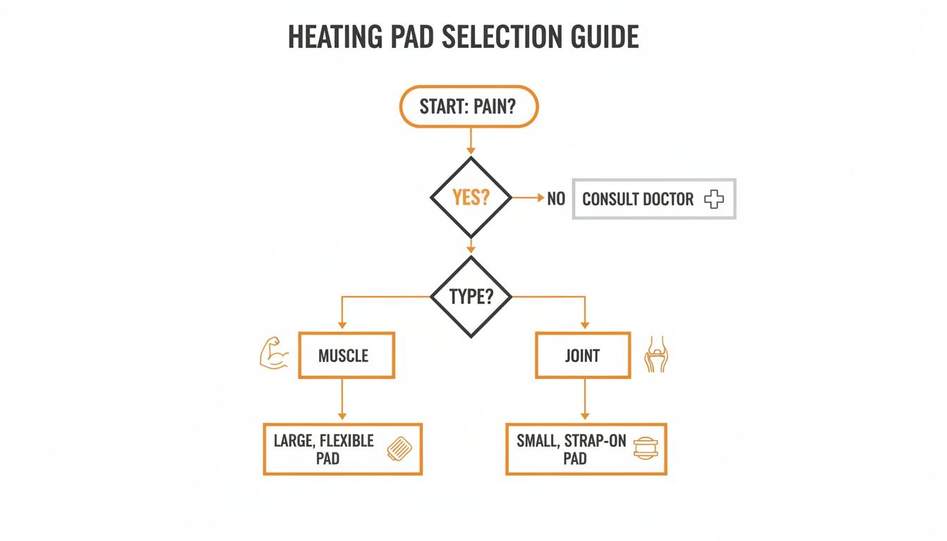 A flowchart guiding heating pad selection based on pain presence and type (muscle vs. joint).