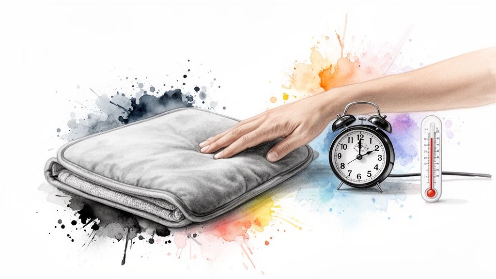 A hand touches a warm heating pad, beside an alarm clock and thermometer, representing therapeutic heat.