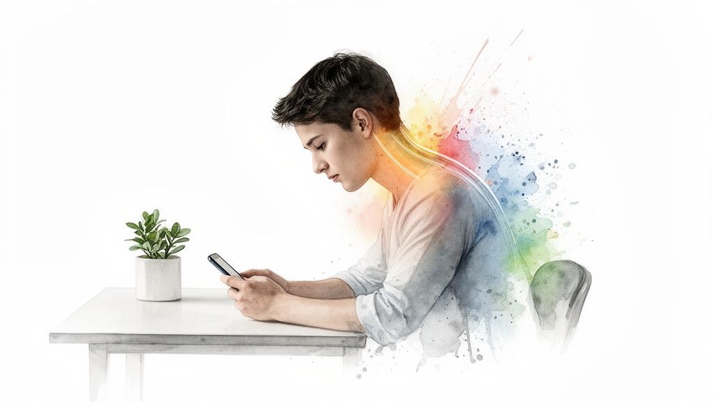 Watercolor illustration of a young person using a phone, showing text neck and poor posture.