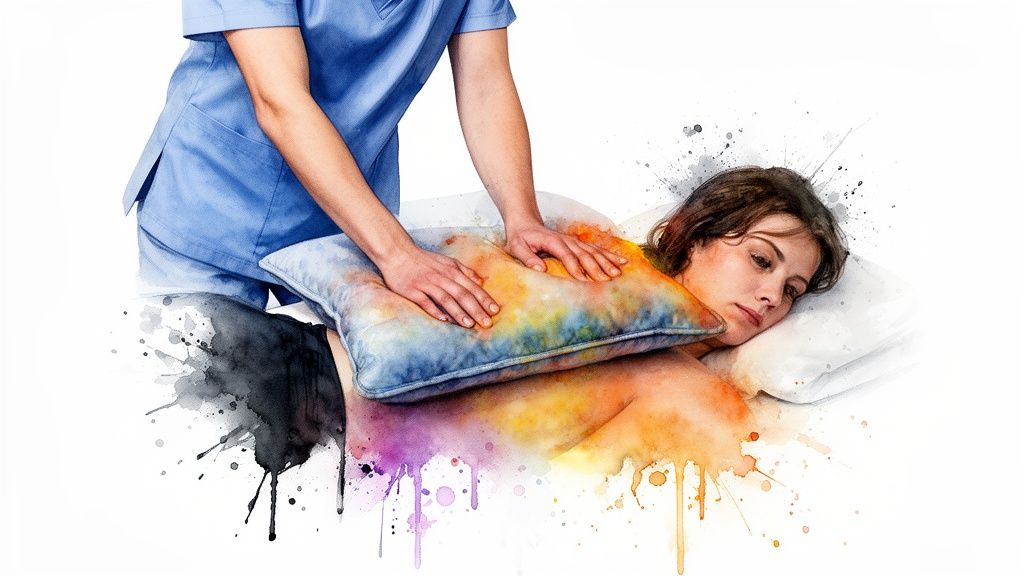 Watercolor illustration of a therapist applying a colorful heating pad to a person's back for pain relief.