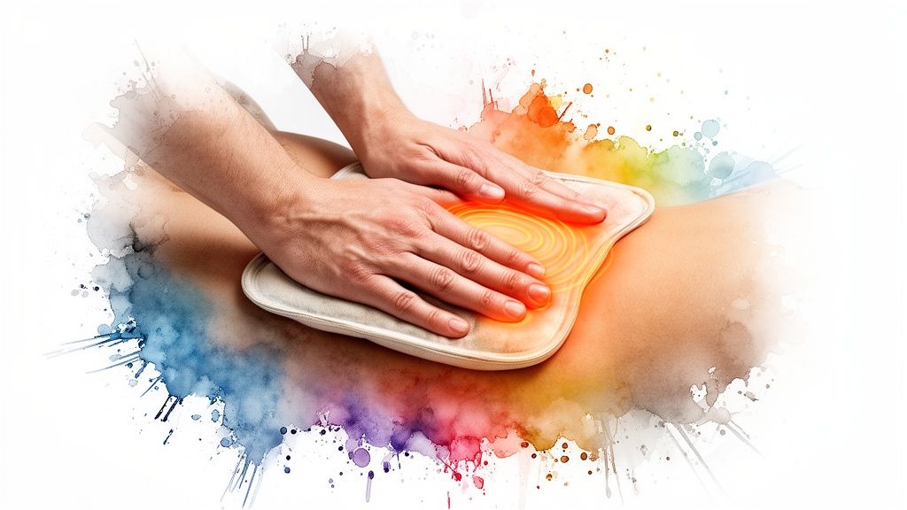 Hands applying a warm heat pack to a person's lower back or abdomen with glowing warmth.