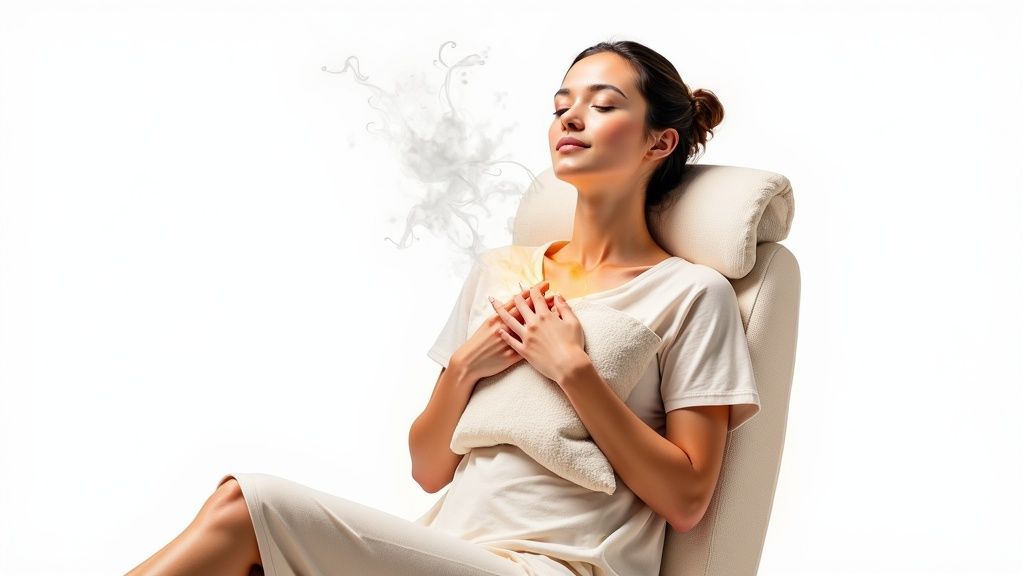 A serene woman relaxing in a chair, holding a heat pack, with aromatherapy vapors around her.