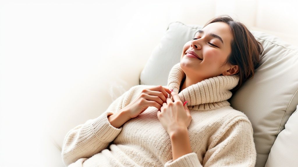 Peaceful young woman in a cream turtleneck sweater relaxing on a soft couch with closed eyes.