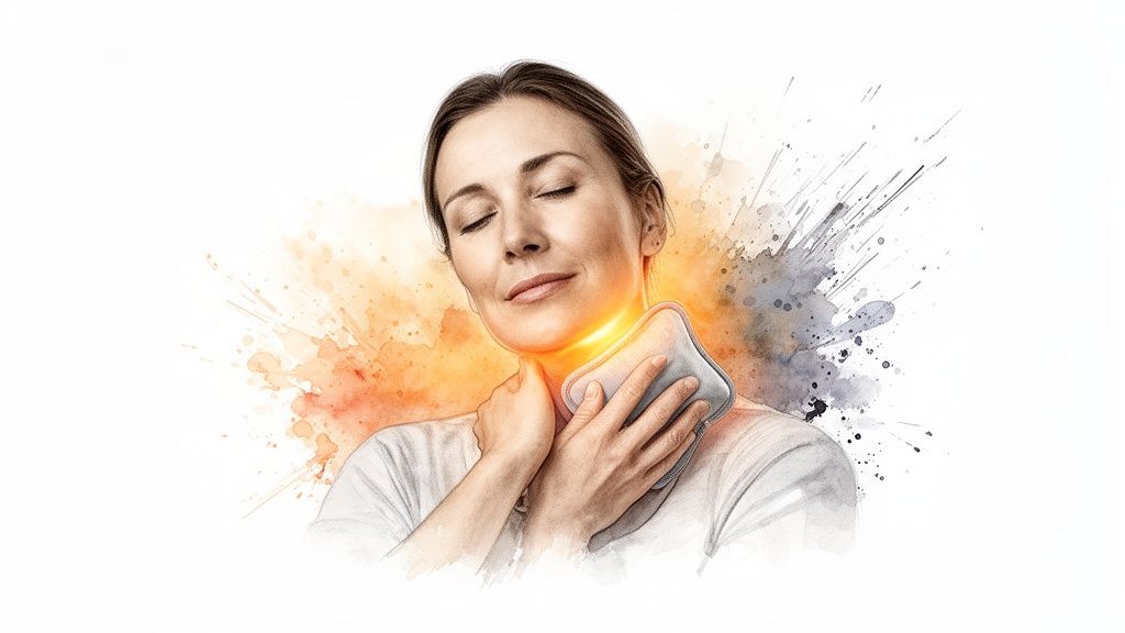 A woman with closed eyes gently applies a warm compress to her glowing neck, indicating pain relief.