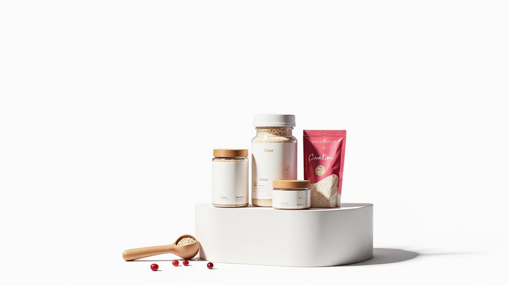 A modern arrangement of wellness supplements, including powders in jars, a pink pouch, a wooden scoop, and red berries.