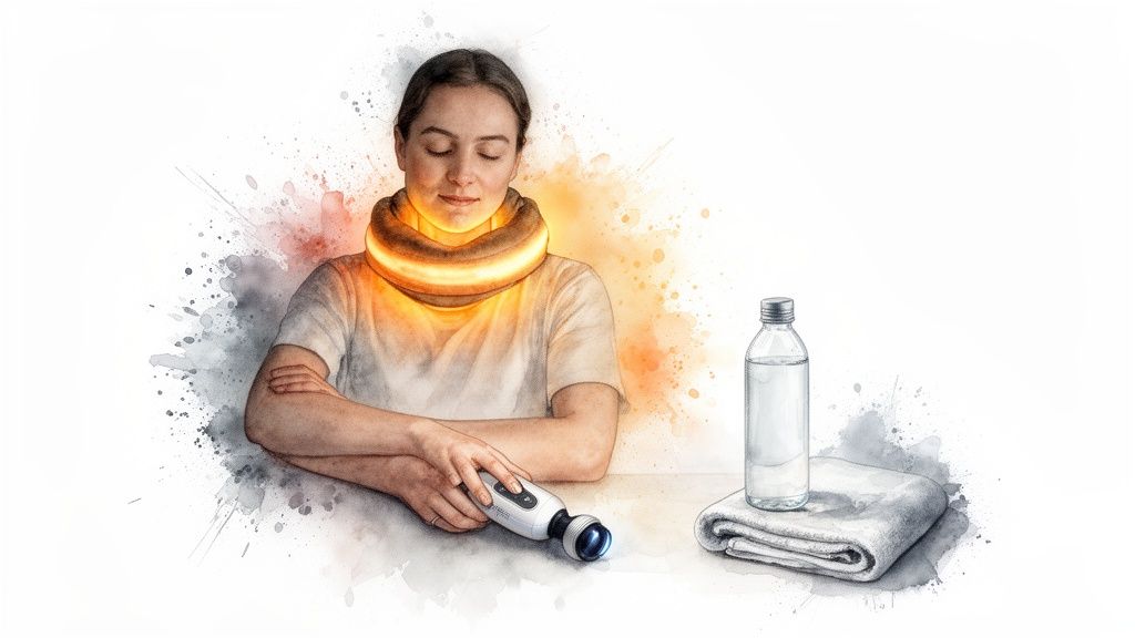 Woman with glowing neck wrap and handheld massager, relaxing with water bottle and towel.