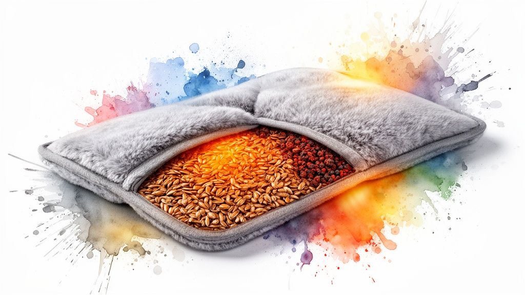 Cut-open fluffy non-electric heating pad showing flaxseed and cherry pit filling with watercolor background.