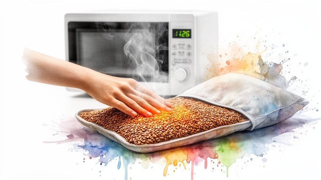 A hand tests the warmth of a heated flaxseed pillow with a steaming microwave in the background.