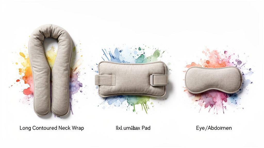 Three beige flax seed heating pads: a long neck wrap, a lumbar pad, and an eye/abdomen pad.
