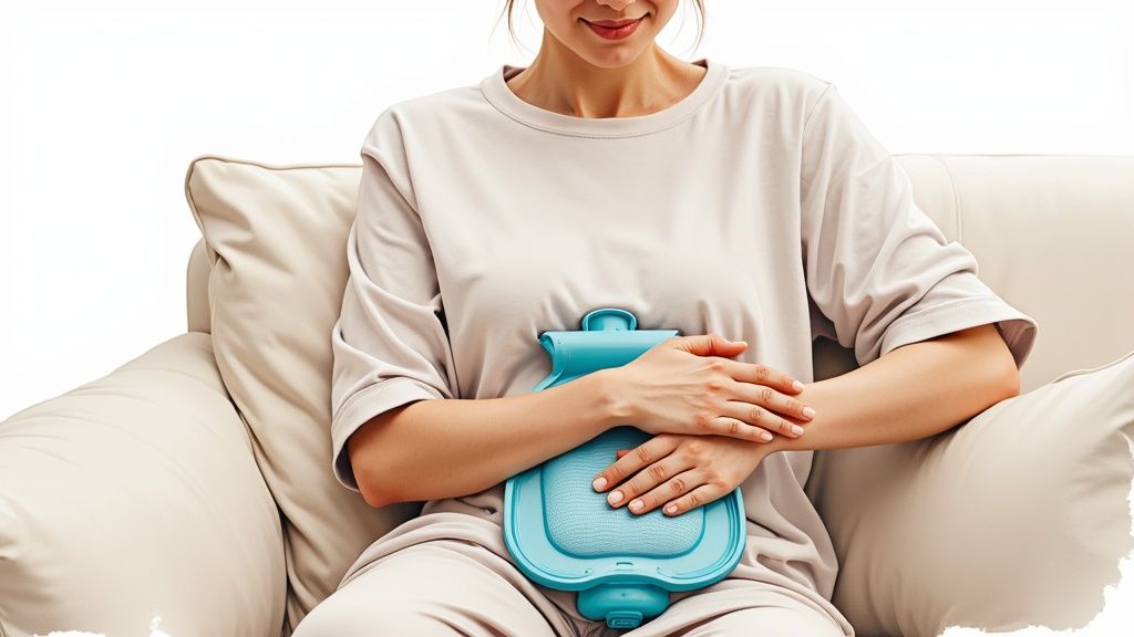 A woman applying a heat pack to her lower abdomen for comfort.