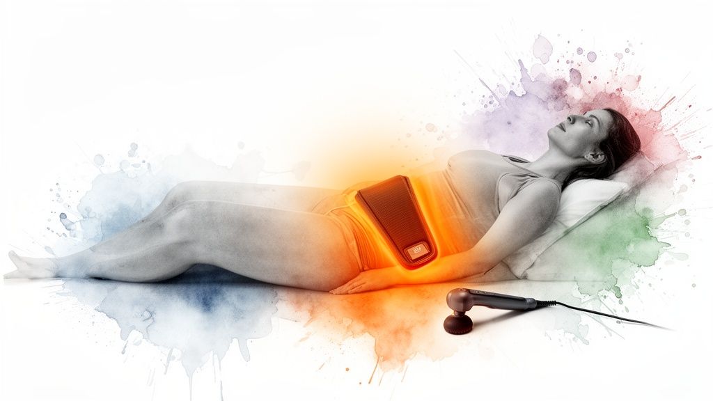 A woman lies relaxed with a glowing heat therapy device on her lower abdomen, hinting at comfort.