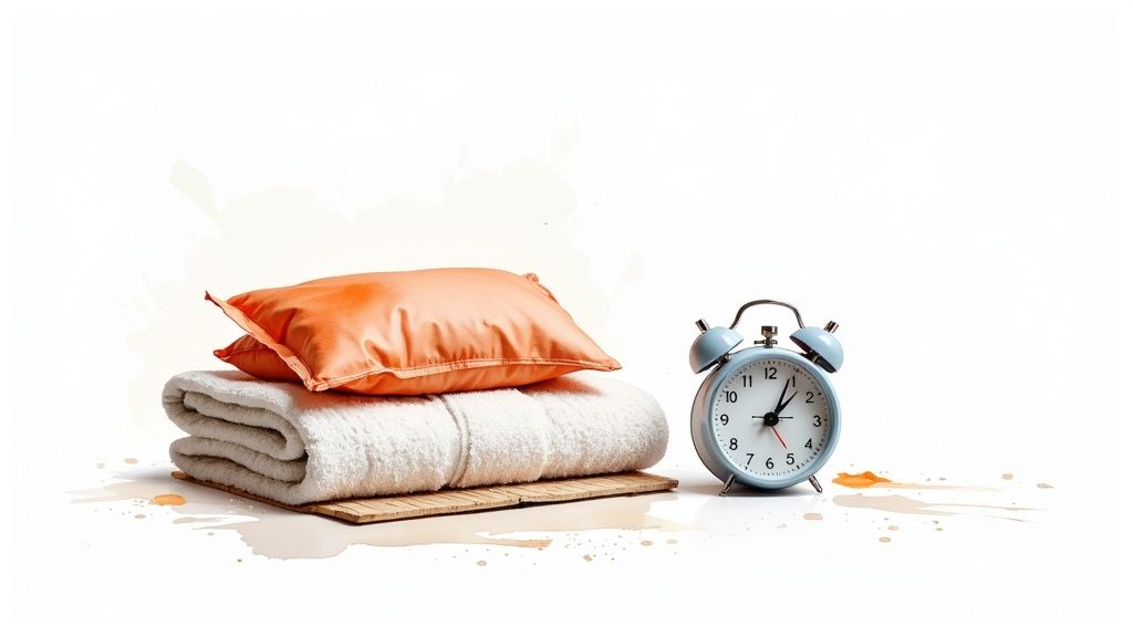 Folded towels with orange pillow and blue alarm clock for moist heat therapy relaxation