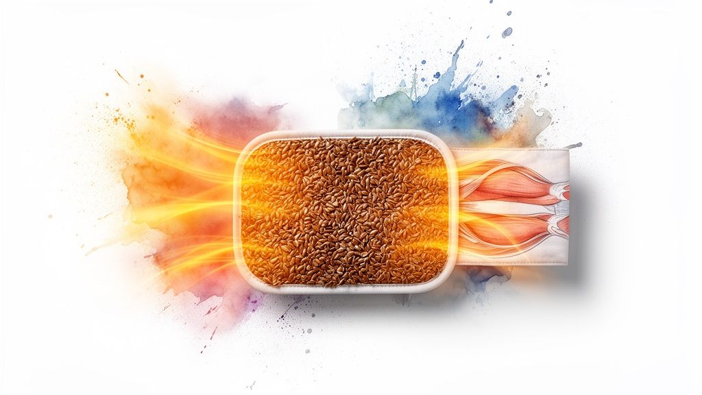 Flax seed heat pad providing natural warmth and relief to illustrated muscles with artistic splashes.