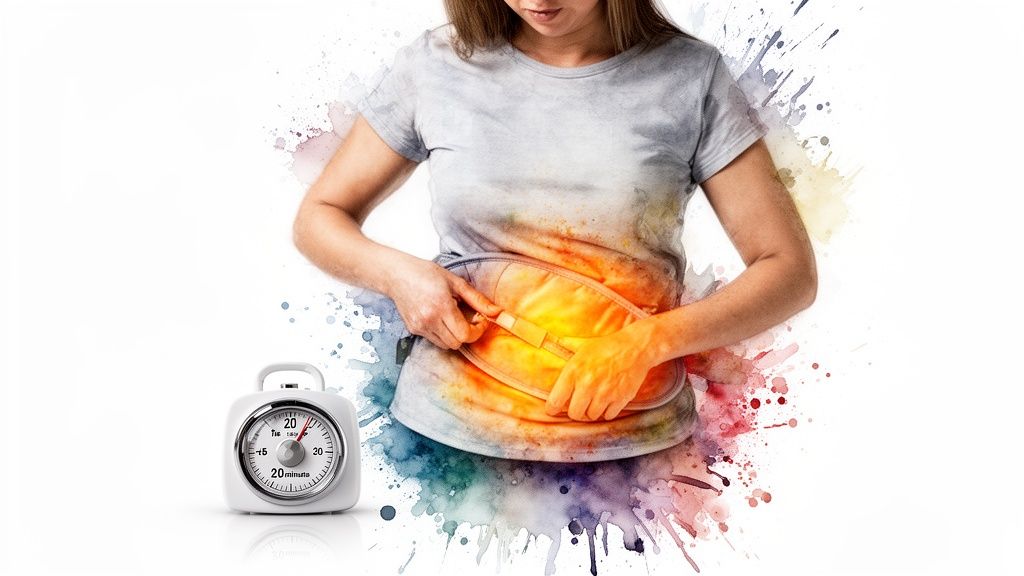 A woman uses an orange heating pad on her lower abdomen, with a 20-minute timer nearby.