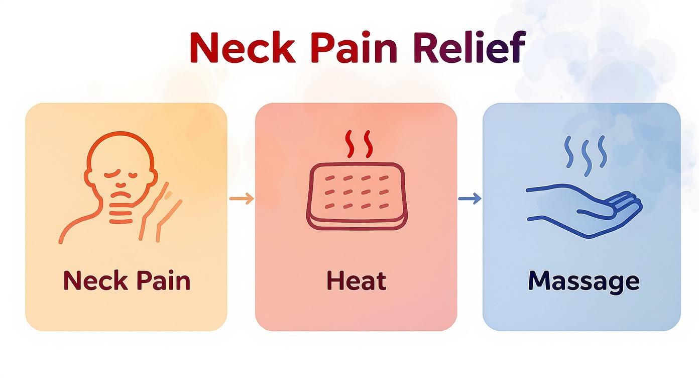 Infographic decision tree for choosing between heat and massage for neck pain.