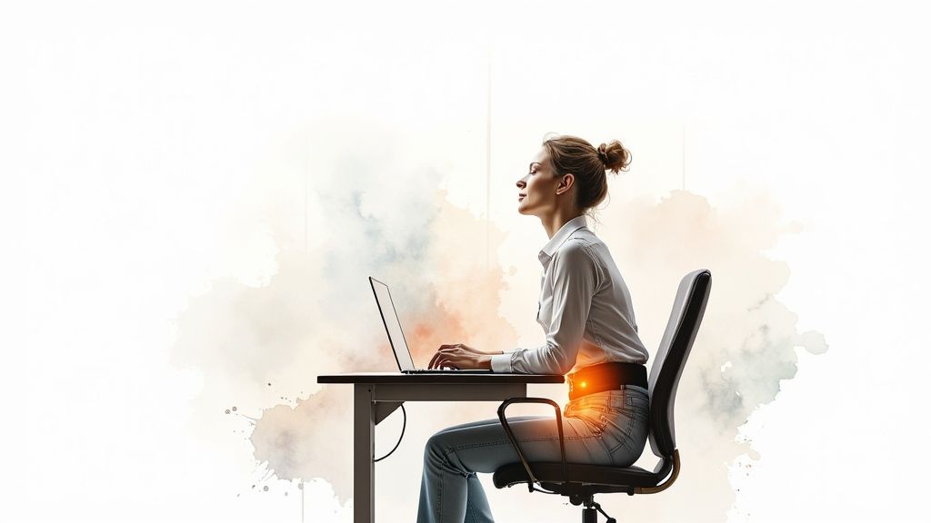 A person relaxing in a chair with a heat pack on their neck for chronic pain relief.