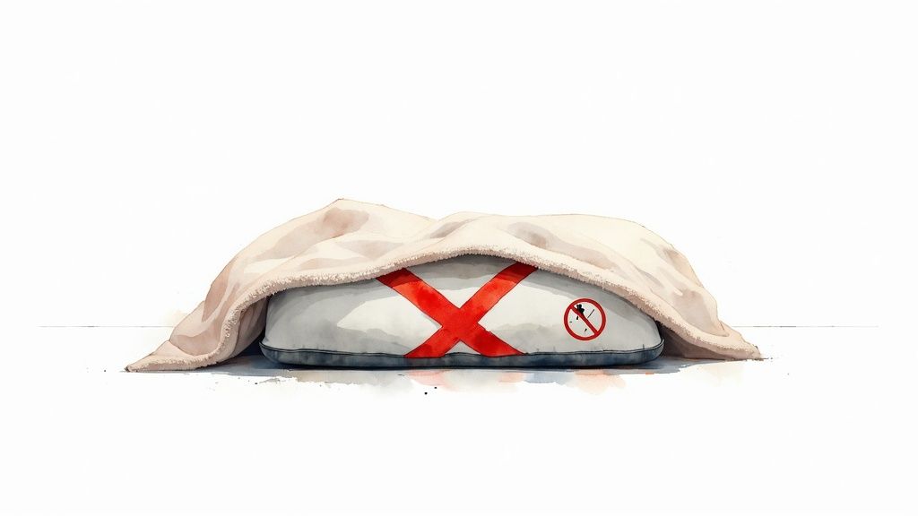 Heating pad covered with blanket showing red X and warning symbol indicating improper microwave use