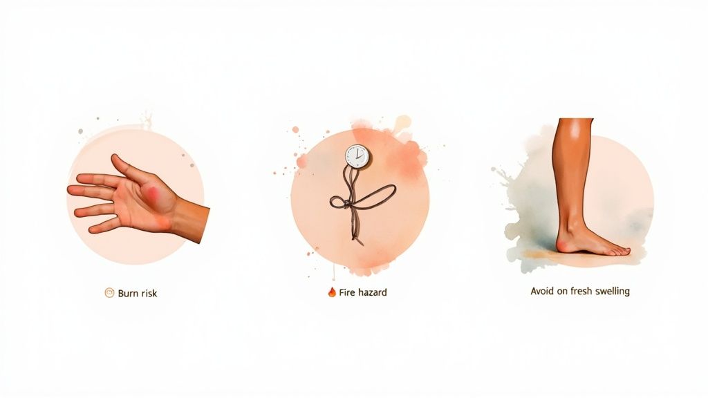 Three health warnings: burn risk on a hand, fire hazard with a clock, and avoid on fresh swelling.