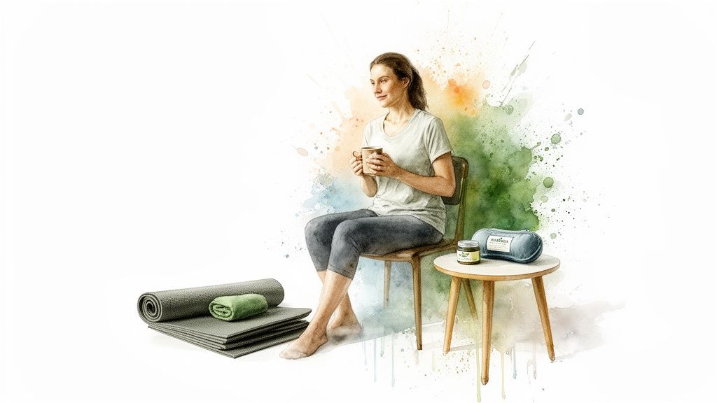 A woman in activewear sits with a mug, surrounded by yoga mats and natural health products.