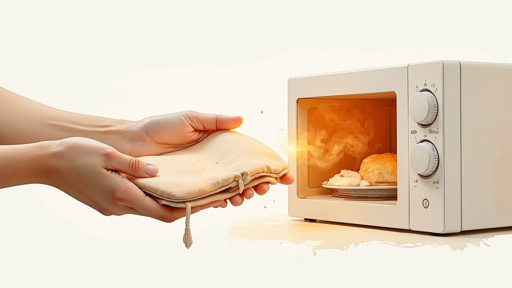 Hands holding cloth heating pad near microwave with steam coming inside