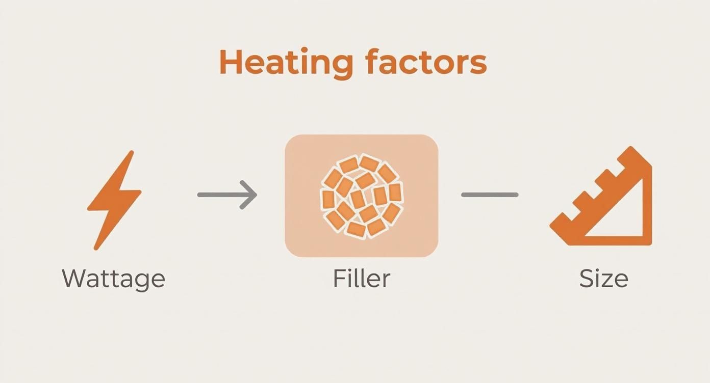 Diagram showing three heating factors: wattage, filler material, and size of heating pad