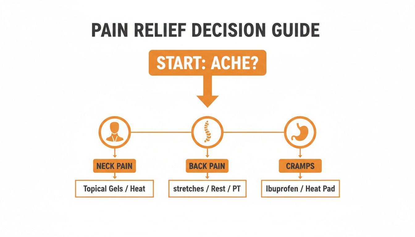 A pain relief decision guide showing remedies for neck pain, back pain, and cramps.