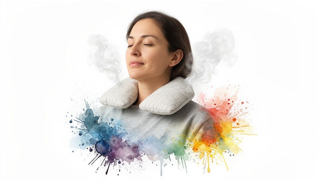 A woman relaxes with a warm microwavable neck heating pad, surrounded by colorful watercolor splashes and steam.