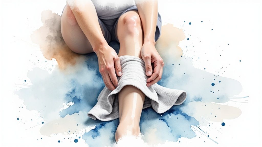 A person gently applies a towel to their lower leg, suggesting a form of therapy or relief.