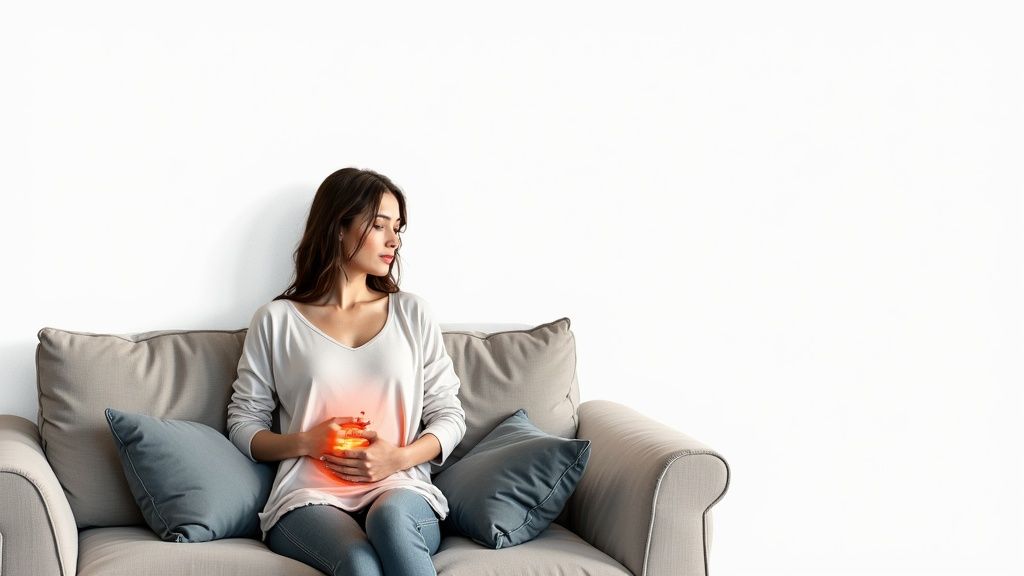 Young woman on a sofa clutching her painful stomach, indicating period cramps or digestive discomfort.