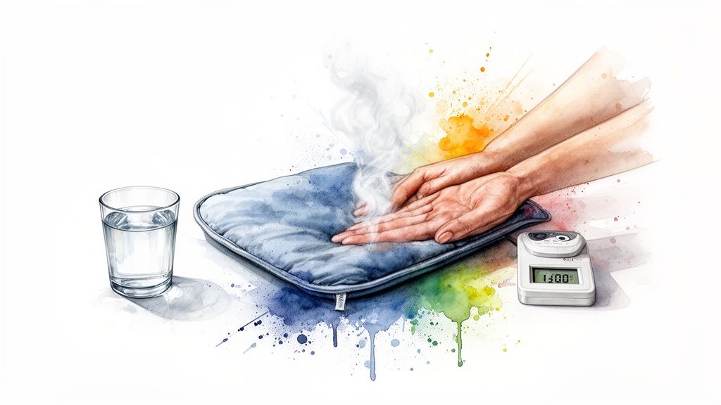 Hands on a steaming blue heating pad with a glass of water and timer, surrounded by colorful splatters.
