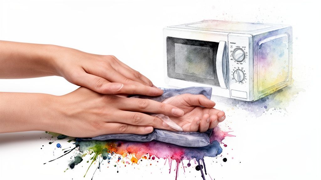 Hands gently press a microwavable heat pack onto a surface with colorful watercolor splashes.