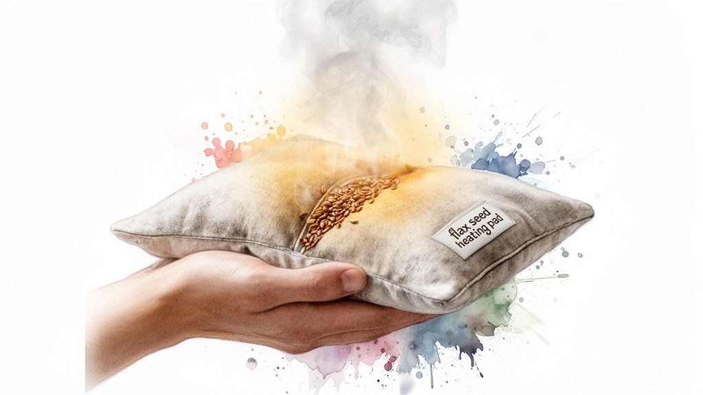 A hand holds a warm flax seed heating pad emitting steam, showcasing its natural therapy.