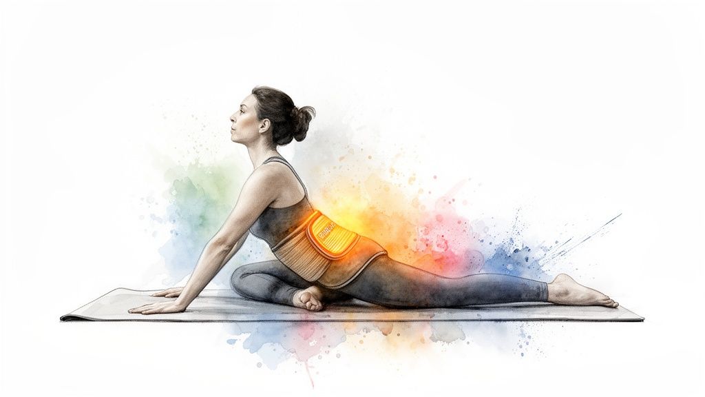 Woman in yoga pigeon pose with a glowing therapeutic heat belt on her lower back.